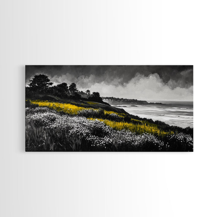 Coastal Meadow, Floral Landscape, Beach Painting, Black and White Art, Nature Wall Decor, Minimalist Art, Framed Canvas Print, Gift Idea