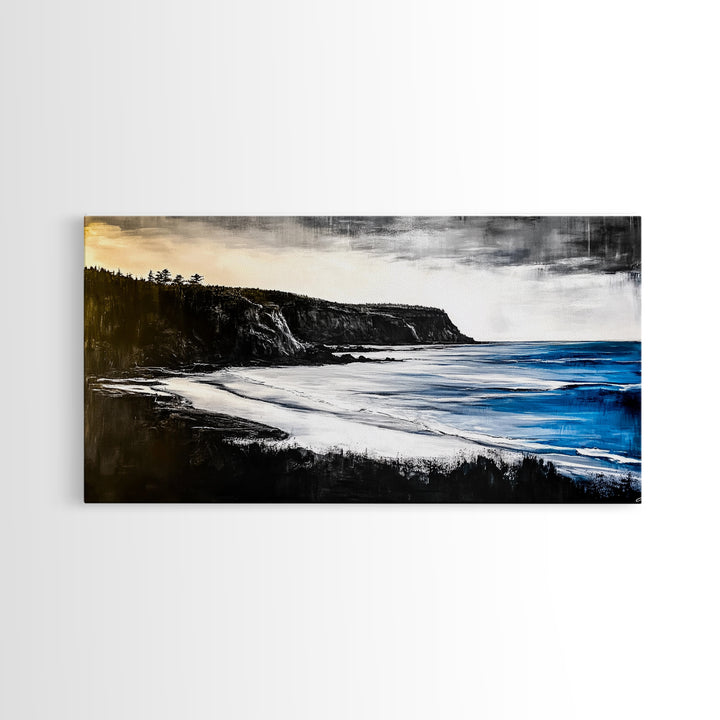 Cliffside Coast, Dramatic Seascape, Black and White Landscape, Ocean View, Modern Art, Living Room Decor, Framed Canvas Print, Coastal Home