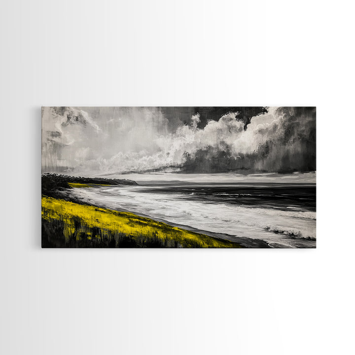 Coastal Horizon, Ocean Beach Art, Black and White Wall Decor, Dramatic Sky, Yellow Grass, Modern Landscape, Serene View, Framed Canvas Print