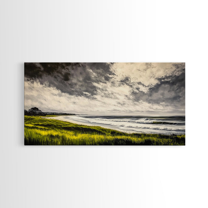 Seaside Serenity, Stormy Ocean, Beach Wall Art, Nature Inspired Decor, Moody Coastal Scene, Yellow Grass, Living Room Artwork, Canvas Print