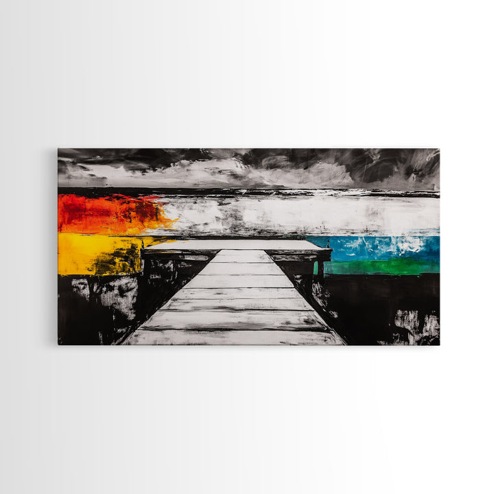 Pier to Infinity, Abstract Coastal Art, Black and White, Surreal Landscape, Minimalist Aesthetic, Nautical Decor, Framed Canvas Print