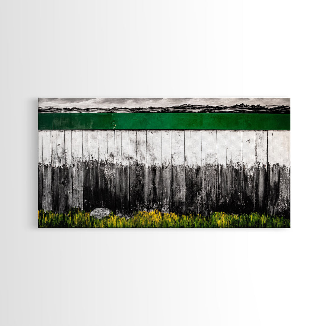 Rustic Fence, Green Landscape, Modern Country Art, Black and White with Color, Nature Inspired, Farmhouse Decor, Serene View, Canvas Print
