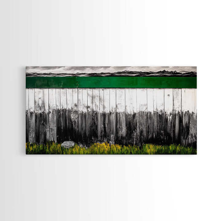Rustic Fence, Green Landscape, Modern Country Art, Black and White with Color, Nature Inspired, Farmhouse Decor, Serene View, Canvas Print