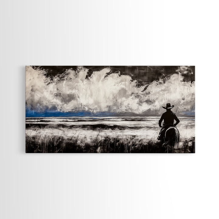 Cowboy Horizon, Western Landscape, Rustic Horse Rider, Framed Canvas Print, Southwestern Home Decor, Black and White Wall Art
