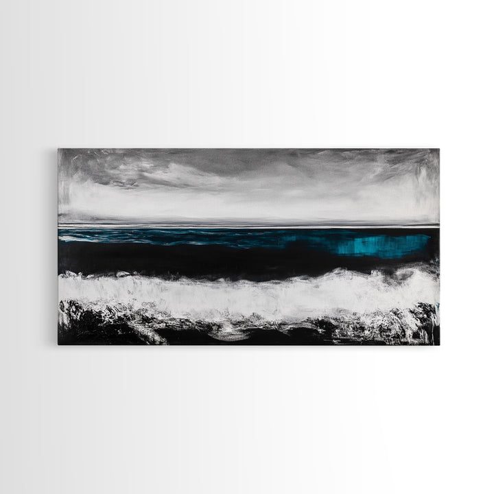 Ocean Horizon, Moody Seascape, Black and White Waves, Framed Canvas Print, Modern Coastal Wall Art, Beach House Decor, Minimalist Art