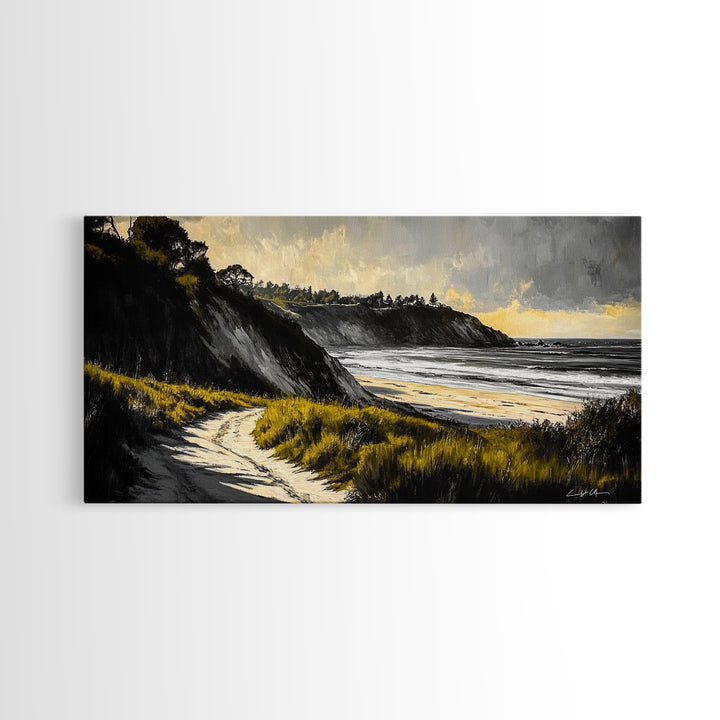 Coastal Path, Ocean View, Beach Sunset, Framed Canvas Print, Modern Wall Art, Landscape Painting, Living Room Art, Nautical Decor