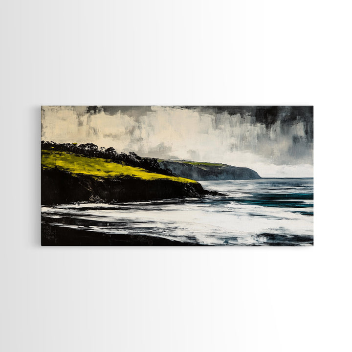 Ocean Cliffs, Misty Coastline, Stormy Sea, Canvas Print, Moody Seascape Art, Living Room Decor, Minimalist Wall Art, Nature Painting