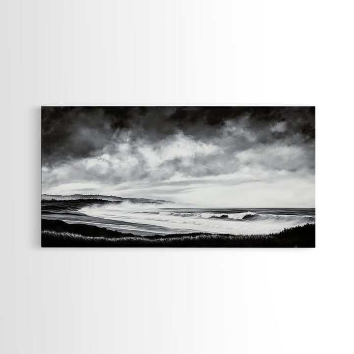 Black and White Beach, Moody Sky, Stormy Waves, Framed Canvas Print, Minimalist Wall Art, Modern Home Decor, Nautical Landscape