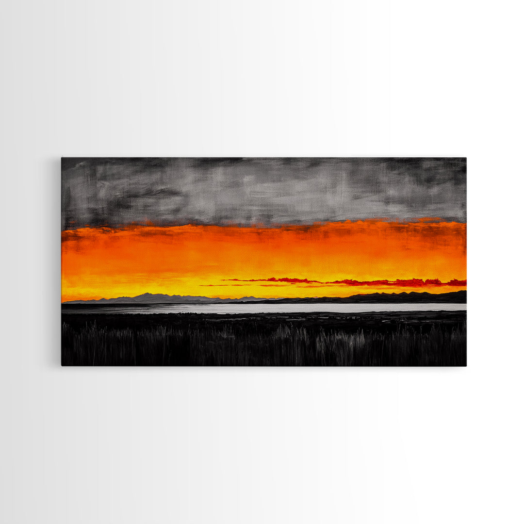 Sunset Glow, Dramatic Sky, Scenic Landscape, Bold Colors, Rustic Nature, Framed Canvas Print, Fall Decor, Living Room Wall Art