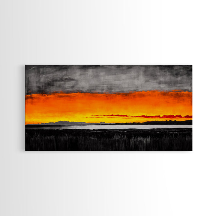 Sunset Glow, Dramatic Sky, Scenic Landscape, Bold Colors, Rustic Nature, Framed Canvas Print, Fall Decor, Living Room Wall Art