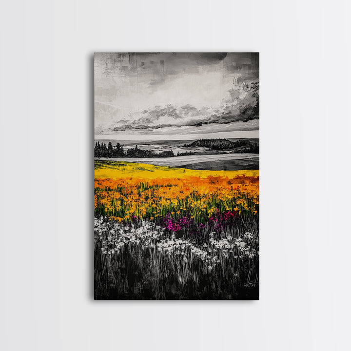 Black White Landscape, Yellow Wildflower Field, Nature Wall Art, Rustic Farmhouse Art, Country Home Decor, Office Art, Framed Canvas Print