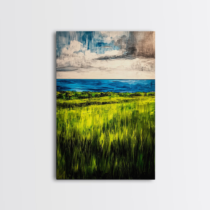 Coastal Landscape, Ocean View, Green Fields, Framed Canvas Print, Serene Wall Art, Nature Inspired, Tranquil Beach Decor, Modern Art
