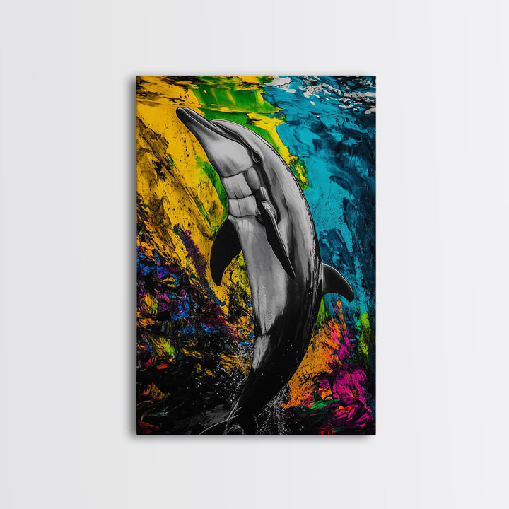 Dolphin Art, Vibrant Colors, Underwater Scene, Framed Canvas Print, Ocean Wall Decor, Marine Life Art, Coastal Vibes, Nautical Home Decor