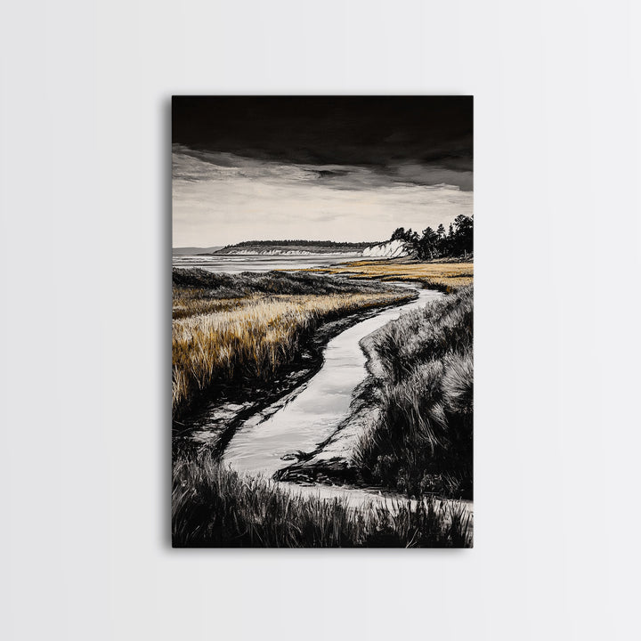 Coastal Landscape, Black and White, Framed Canvas Print, Nature Wall Art, Living Room Decor, Modern Farmhouse Art, Neutral Tones