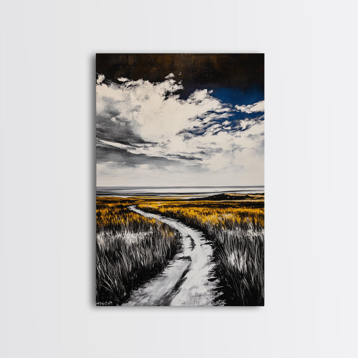 Pathway, Open Fields, Framed Canvas Print, Rustic Landscape, Countryside Decor, Farmhouse Wall Art, Neutral Tones, Home Gift Idea