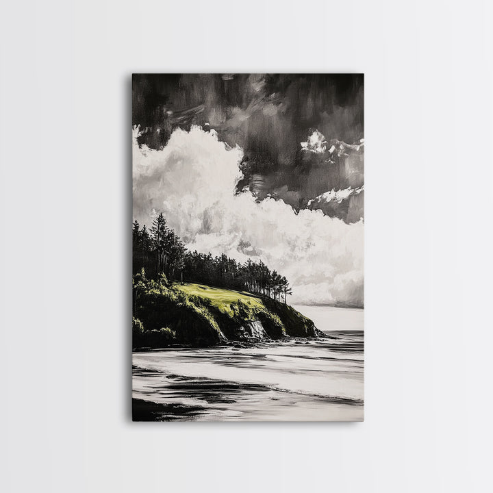 Coastal Cliffs, Black and White Landscape, Moody Sky Painting, Rustic Nature Wall Art, Office Decor, Framed Canvas Print