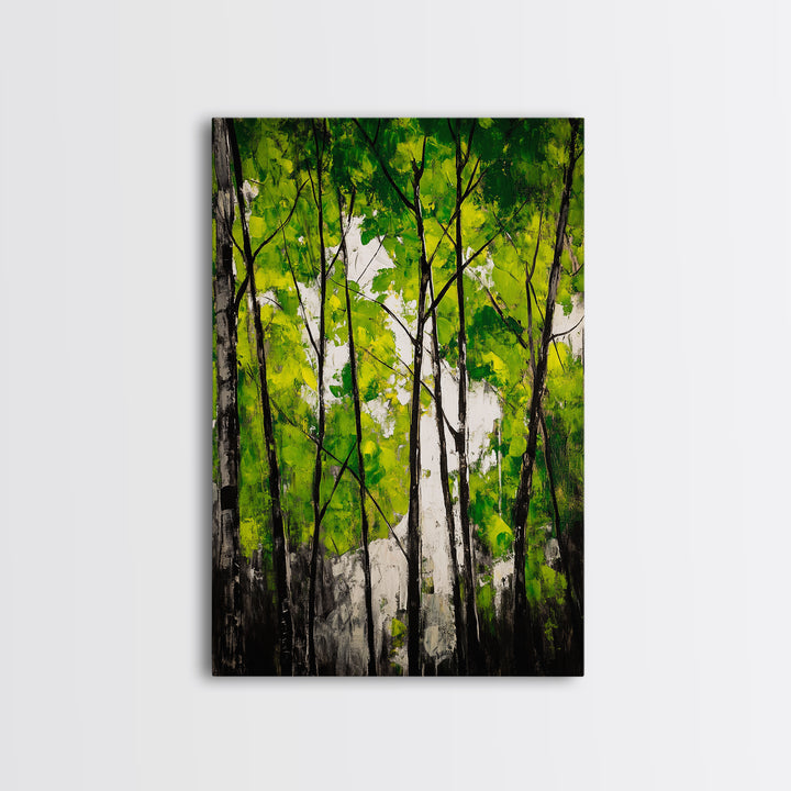Birch Trees, Green Forest Art, Nature Landscape, Abstract Painting, Contemporary Wall Decor, Earthy Home Art, Framed Canvas Print