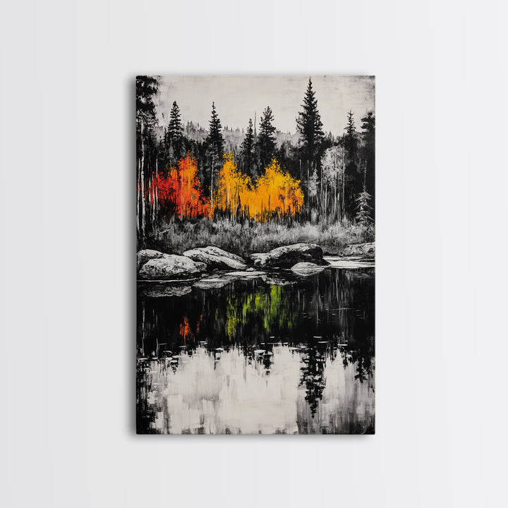 Autumn Reflection, Fall Forest Art, Lake Landscape, Vibrant Trees, Seasonal Painting, Warm Home Decor, Canvas Print