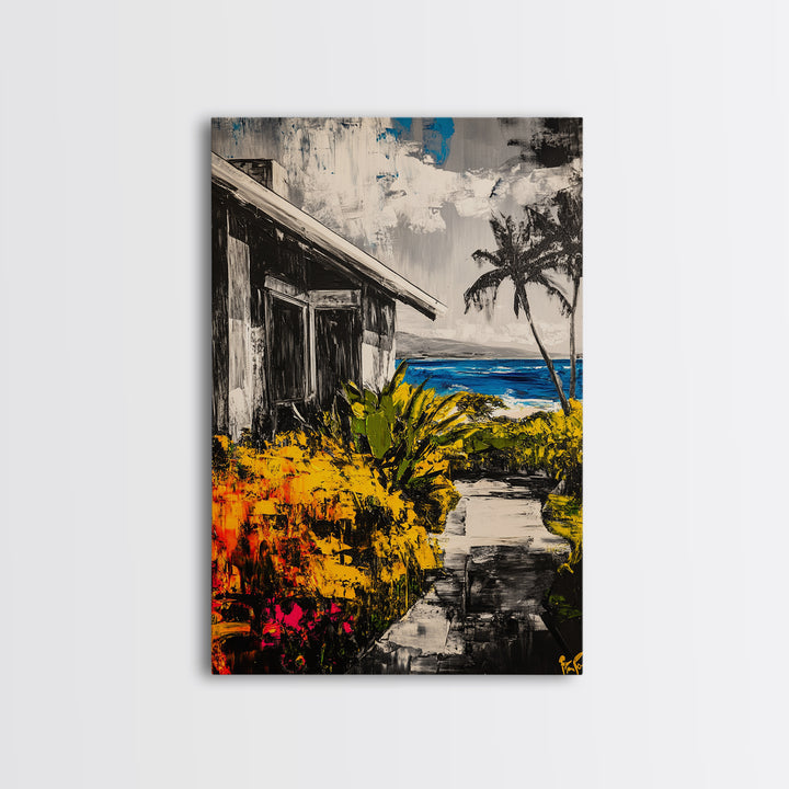 Beach House Path, Black White Coastal Art, Yellow Green Foliage, Tropical Landscape, Ocean Wall Decor, Beach Home, Framed Canvas Print