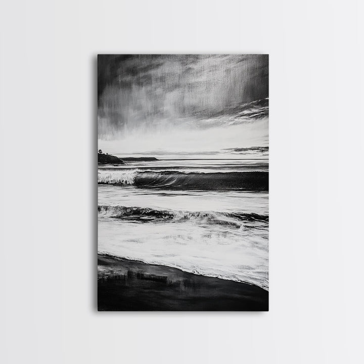 Black and White Waves, Ocean Painting, Dramatic Coastline, Minimalist Art, Framed Canvas Print, Modern Seascape, Contemporary Wall Art