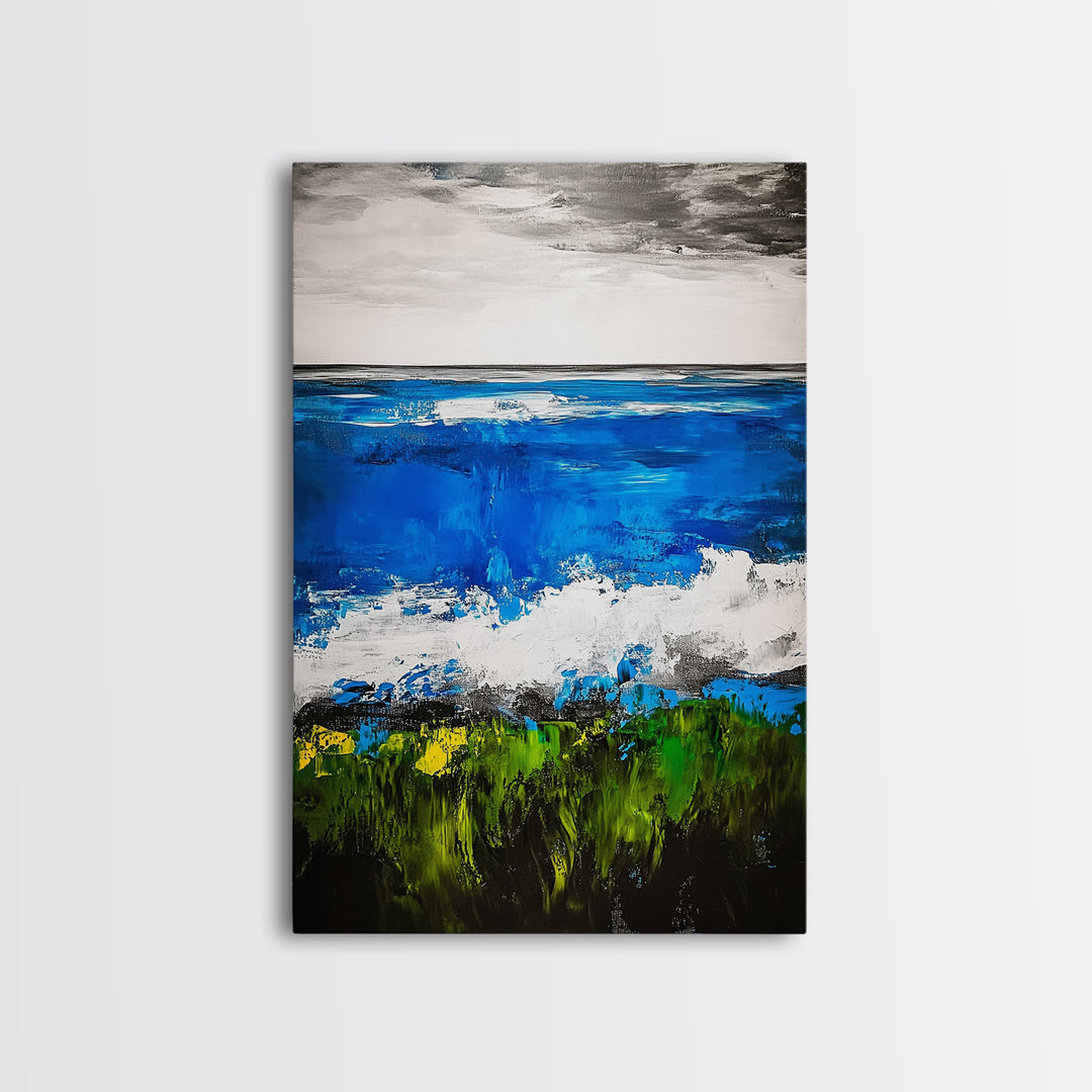 Abstract Ocean View, Blue Green Black White, Coastal Wall Art, Modern Beach Home Decor, Bold Statement Painting, Office Art, Canvas Print