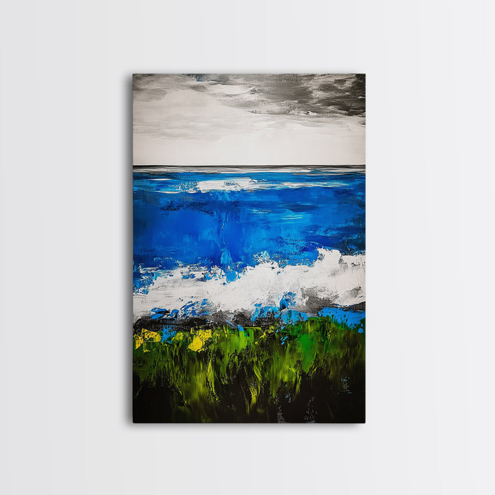 Abstract Ocean View, Blue Green Black White, Coastal Wall Art, Modern Beach Home Decor, Bold Statement Painting, Office Art, Canvas Print