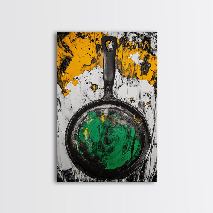 Abstract Frying Pan, Rustic Kitchen Art, Modern Industrial Wall Decor, Black Yellow Green Art, Unique Foodie Gift, Canvas Print