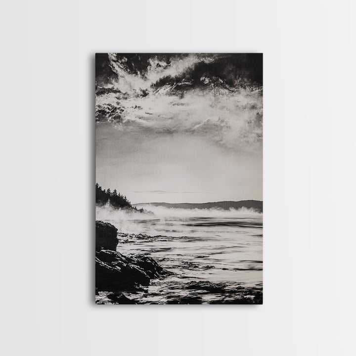 Coastal Mist, Moody Seascape, Black and White Ocean, Nautical Wall Art, Minimalist Decor, Living Room Art, Canvas Print, Gift Idea