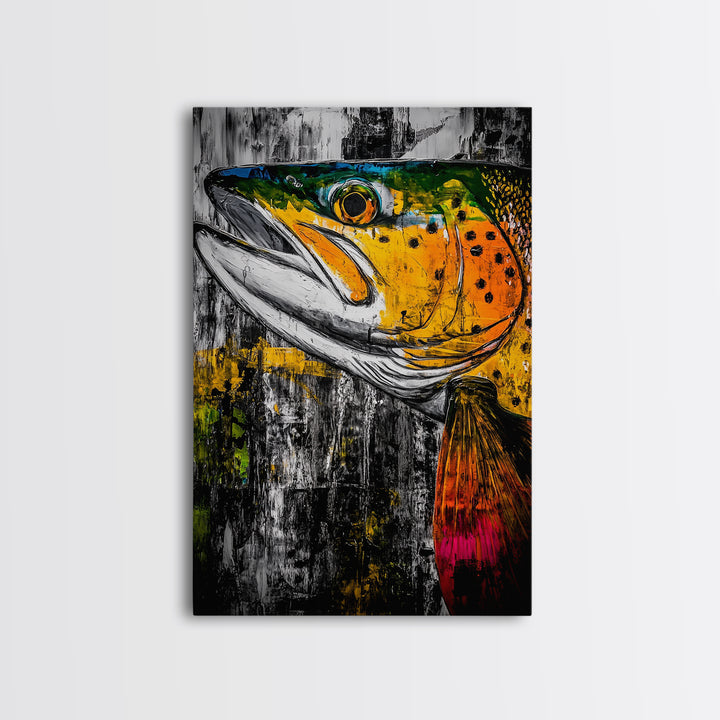 Vibrant Trout, Fishing Art, Rustic Wall Decor, Wildlife Art, Cabin Wall Art, Fisherman Gift, Framed Canvas Print, Nature Inspired Home