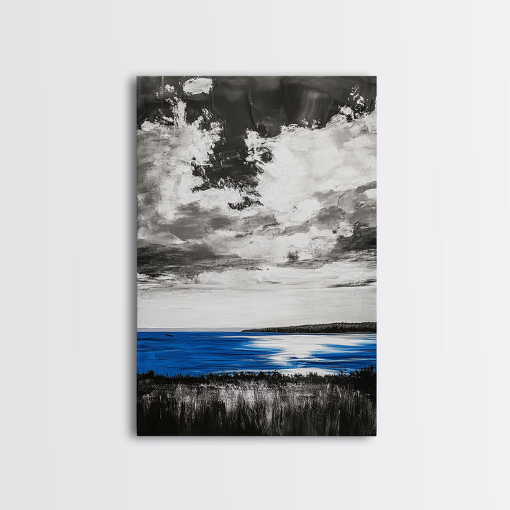 Blue Horizon, Ocean Landscape, Coastal Wall Art, Black and White Sky, Beach House Decor, Modern Art, Framed Canvas Print, Tranquil Design