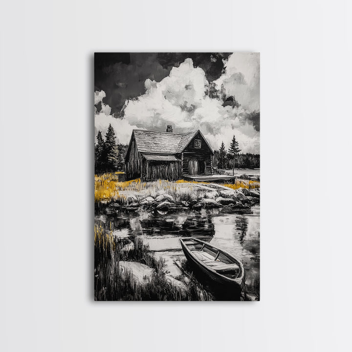 Cabin Reflection, Rustic Home Art, Log House Painting, Tranquil Lake, Country Home Wall Decor, Framed Canvas Print, Nature Lover Gift