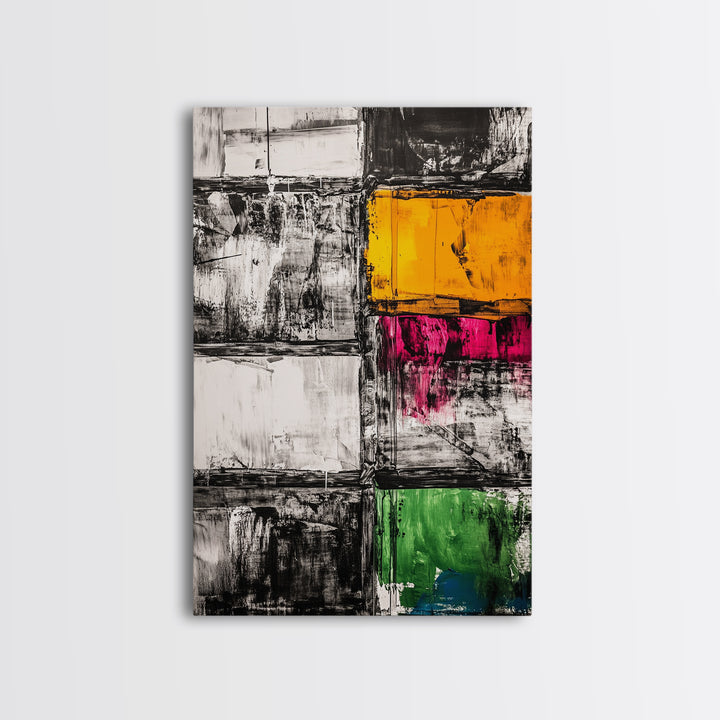 Abstract Modern Art, Black White Geometric, Yellow Red Green Blocks, Minimalist Wall Decor, Office Art, Mid Century Style, Canvas Print