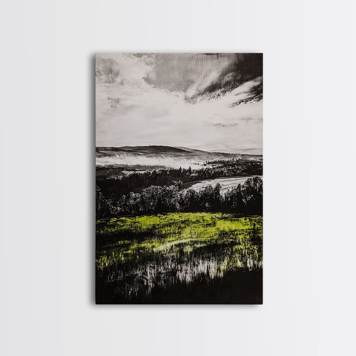 Rolling Hills, Nature Landscape, Canvas Print, Black White Green Art, Farmhouse Decor, Rustic Wall Art, Bedroom Decor, Fall Home Art