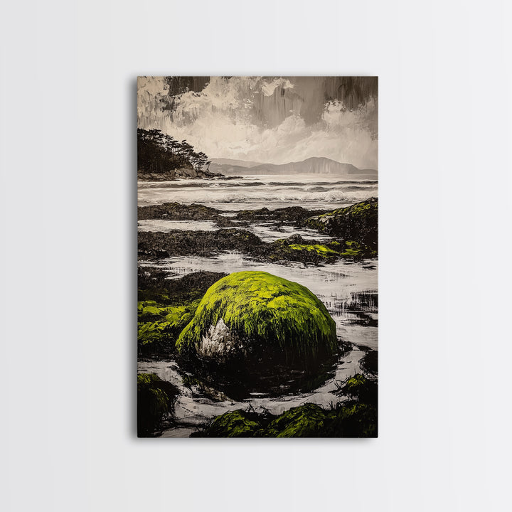 Coastal Rocks, Mossy Shore, Framed Canvas Print, Ocean Landscape, Beach House Wall Art, Nautical Decor, Green Nature, Relaxing Art