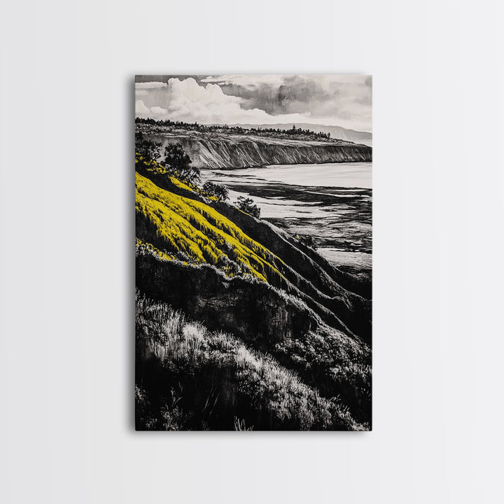 Cliffs, Ocean View, Framed Canvas Print, Coastal Landscape, Beach House Decor, Nature Wall Art, Black White Yellow Art, Scenic View
