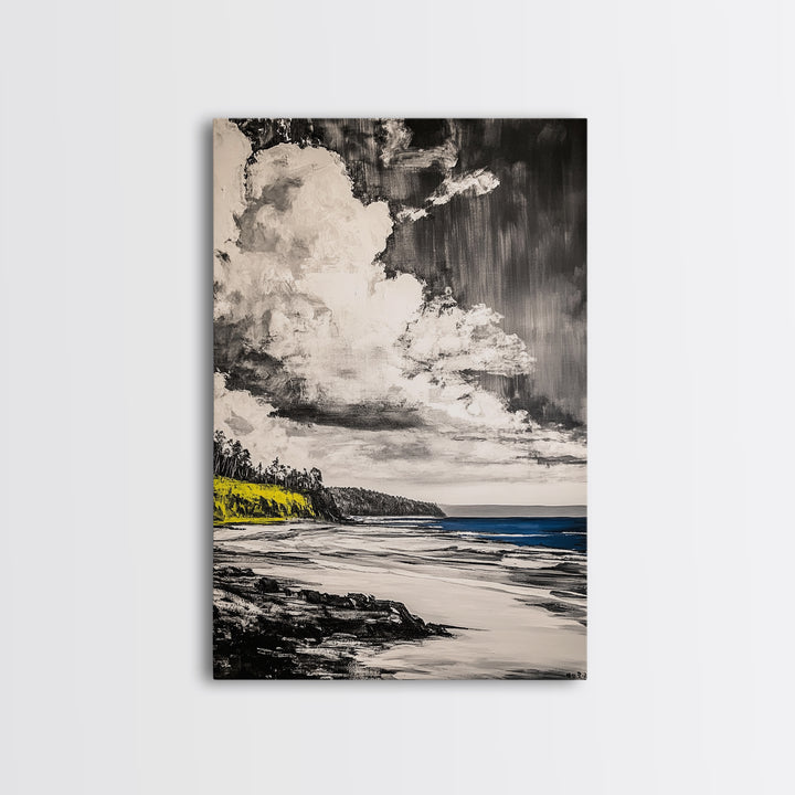 Cliffside View, Ocean Horizon, Cloudy Sky, Framed Canvas Print, Beach House Decor, Monochrome Wall Art, Relaxing Scenery