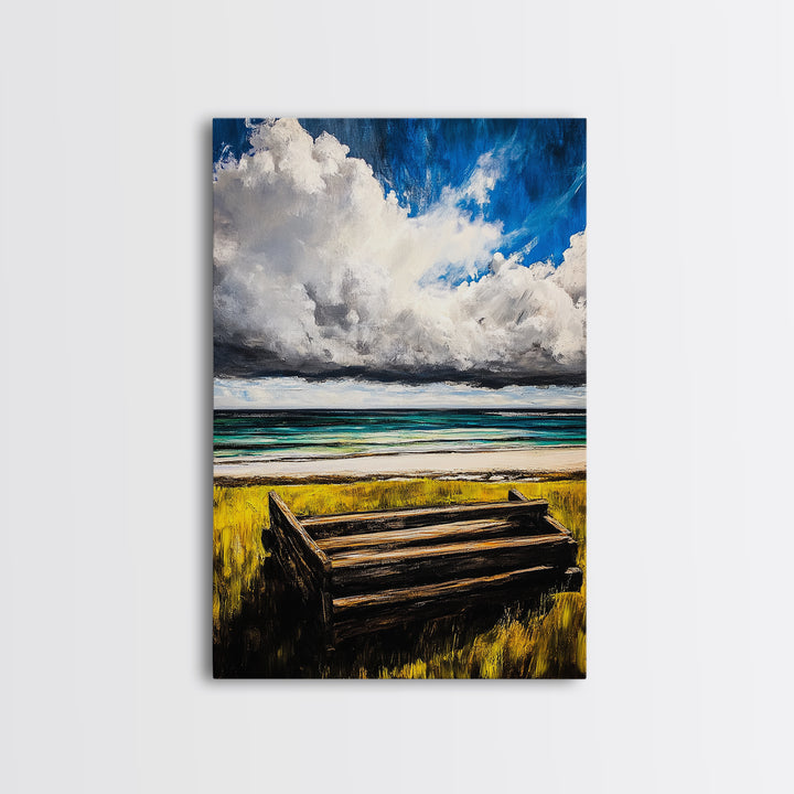 Ocean Bench, Coastal Landscape Art, Beach House Wall Decor, Relaxing Seaside Scene, Serene Water View, Framed Canvas Print