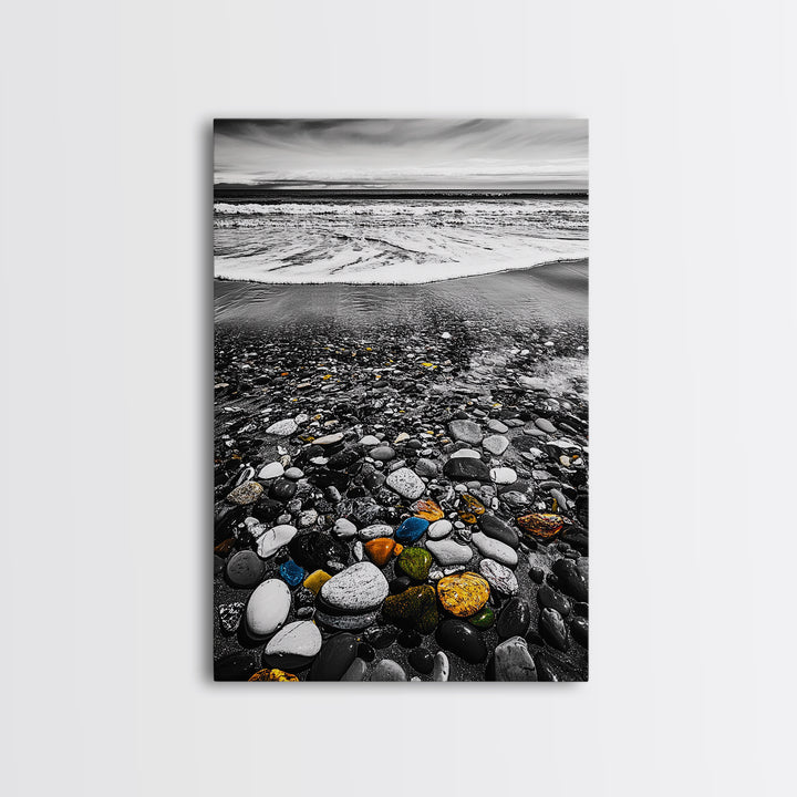 Ocean Pebbles Shoreline, coastal home decor, beach stone art, nautical wall print, calming wave painting, framed canvas print, bedroom art