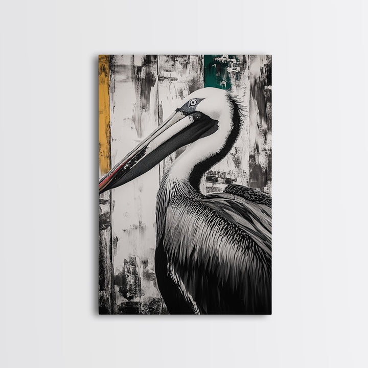 Pelican Portrait, wildlife wall art, coastal nature painting, black and white bird decor, modern beach house print, framed canvas print