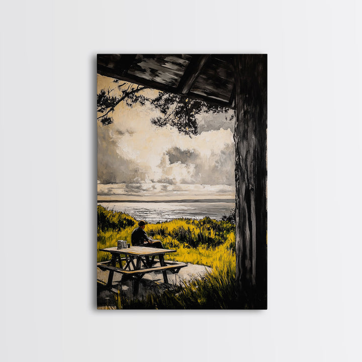 Ocean View Picnic, relaxing landscape painting, coastal art, peaceful nature scene, countryside decor, framed canvas print, living room