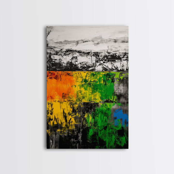 Bold Earthy Abstract, Green Yellow Orange, Framed Canvas Print, Rustic Wall Art, Living Room Decor, Textured Home Accent