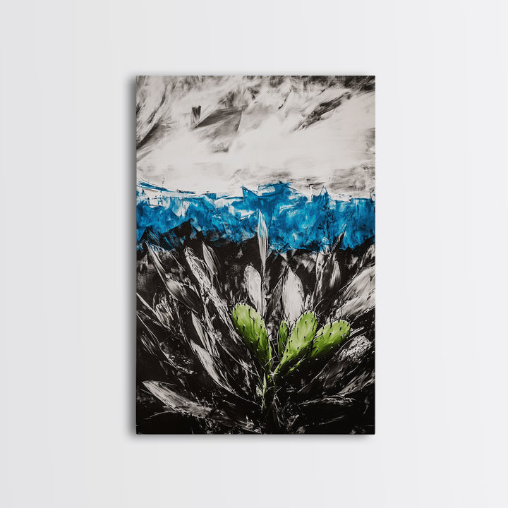 Desert Cactus Painting, Blue Sky Black White, Framed Canvas Print, Modern Southwest Art, Rustic Wall Decor, Minimalist Nature Art
