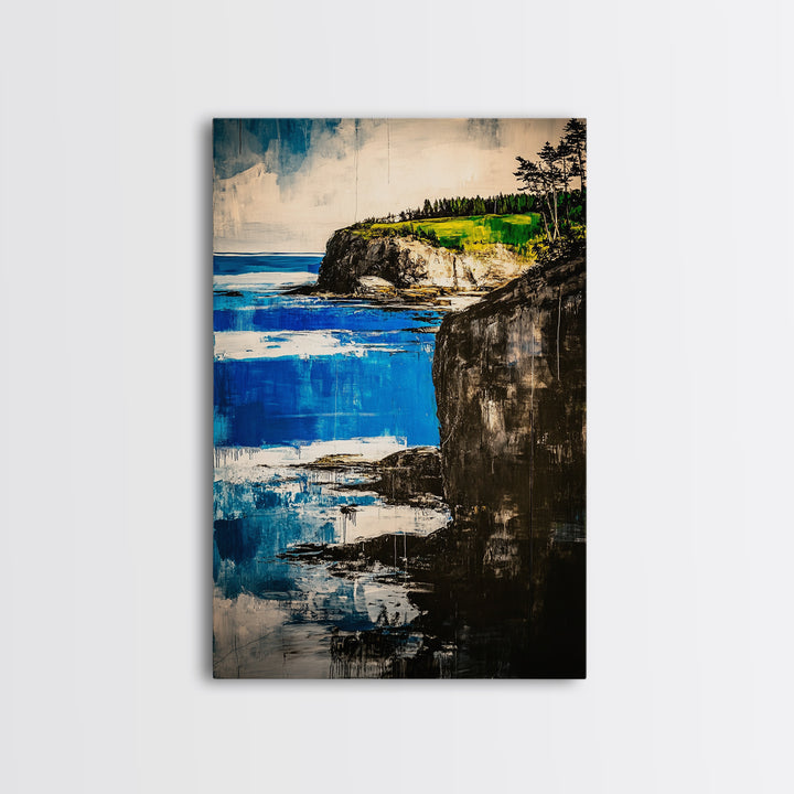 Coastal Cliff, Ocean Canvas Print, Nature Wall Art, Beach House Decor, Seascape Painting, Vibrant Blue Green Artwork, Office Art