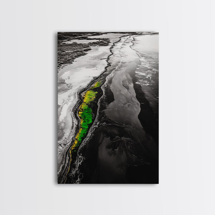 Abstract River, Nature Landscape, Modern Wall Art, Monochrome Print, Green Accents, Contemporary Art, Framed Canvas Print, Office Wall Decor