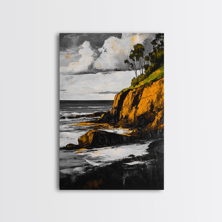 Ocean Cliffs, Coastal Landscape, Golden Tones, Black and White Seascape, Framed Canvas Print, Beach House Wall Art, Office Wall Decor