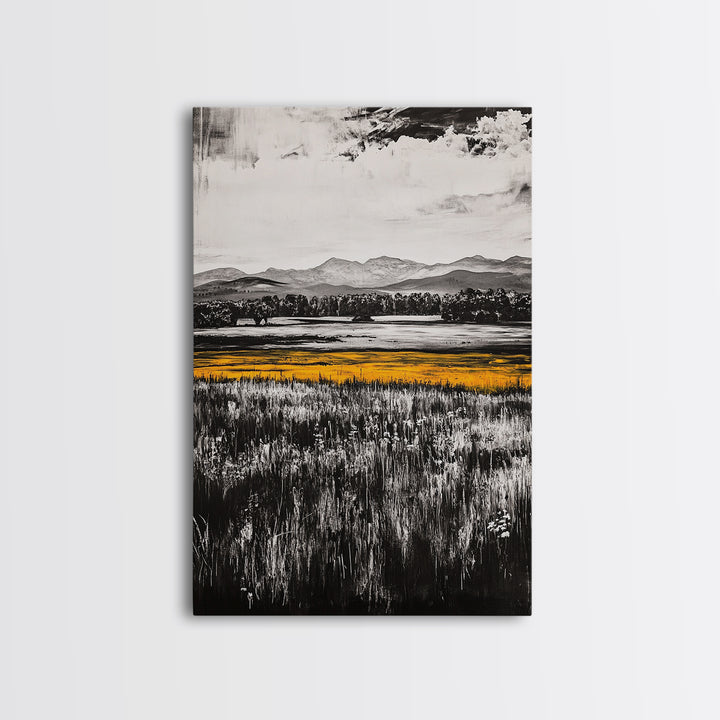 Golden Meadow, Black and White Landscape with Yellow Accents, Minimalist Nature Wall Art, Framed Canvas Print, Living Room or Office Decor