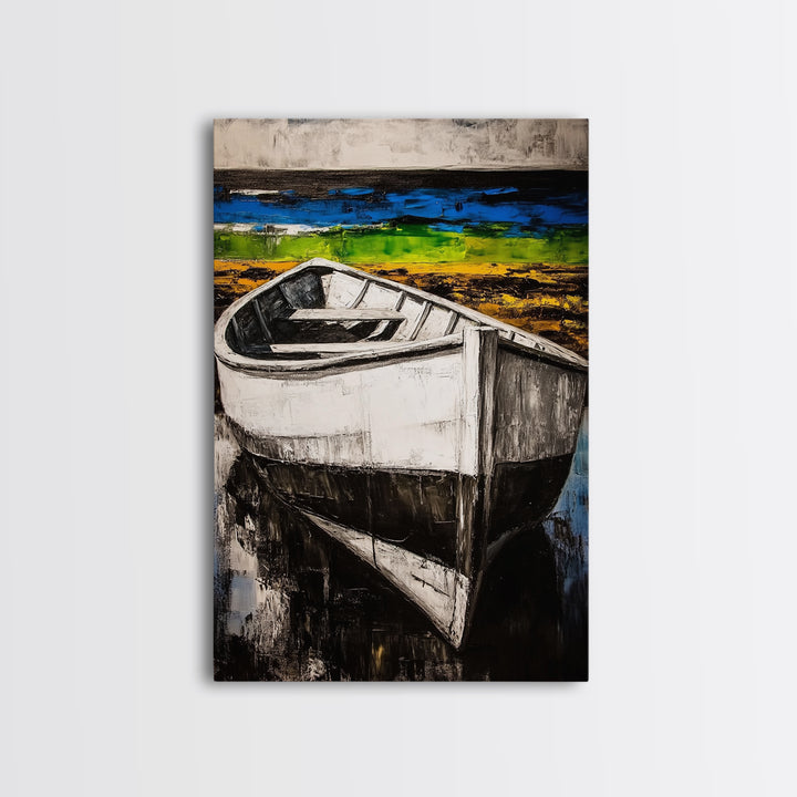 Coastal Rowboat, Black and White Boat Painting, Nautical Seascape Art, Rustic Beach House Decor, Framed Canvas Print, Bedroom Art