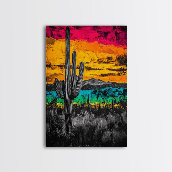 Desert Cactus, Vibrant Sunset Southwest Painting, Bold Desert Art, Framed Canvas Print, Western Home or Office Wall Decor
