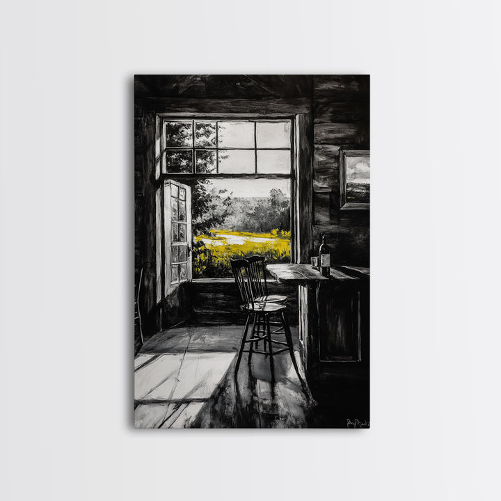 Rustic Cabin View, Black and White with Yellow Accents, Cozy Country Home Art, Framed Canvas Print, Living Room or Dining Room Decor