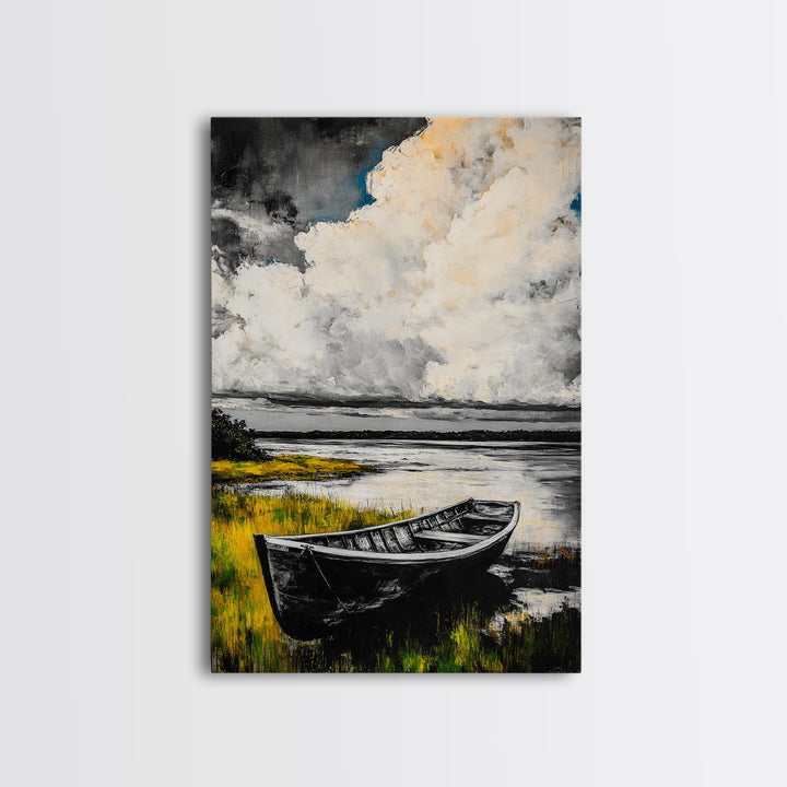 Rowboat Reflection, Rustic Lake Art, Black and White Boat Print, Tranquil Nature Scene, Living Room Wall Decor, Nautical Canvas Print